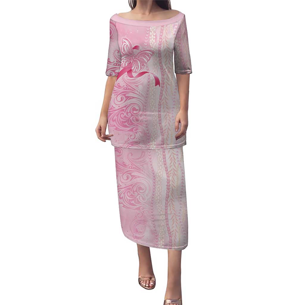 Breast Cancer Awareness Puletasi Maile Pikake Lokelani Crown Flower Lei Inspired LT9 Long Dress Pink - Polynesian Pride