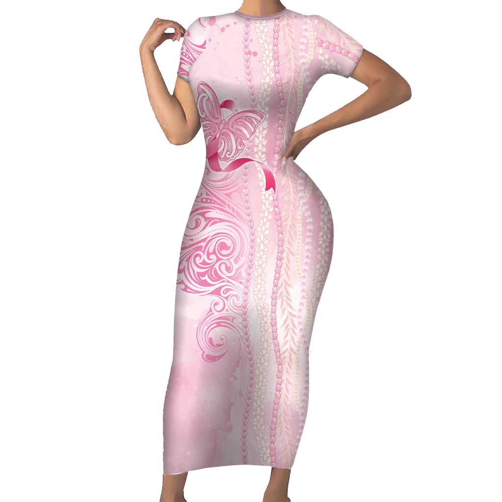 Breast Cancer Awareness Short Sleeve Bodycon Dress Maile Pikake Lokelani Crown Flower Lei Inspired LT9 Long Dress Pink - Polynesian Pride