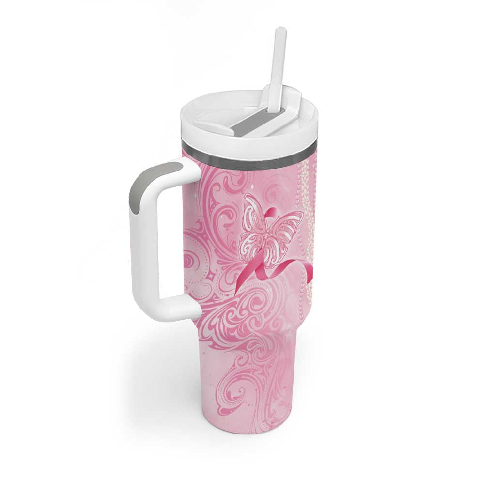 Breast Cancer Awareness Tumbler With Handle Maile Pikake Lokelani Crown Flower Lei Inspired
