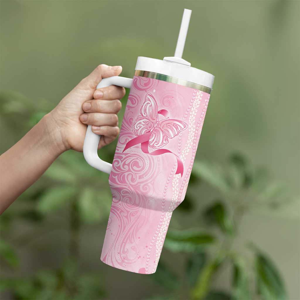 Breast Cancer Awareness Tumbler With Handle Maile Pikake Lokelani Crown Flower Lei Inspired