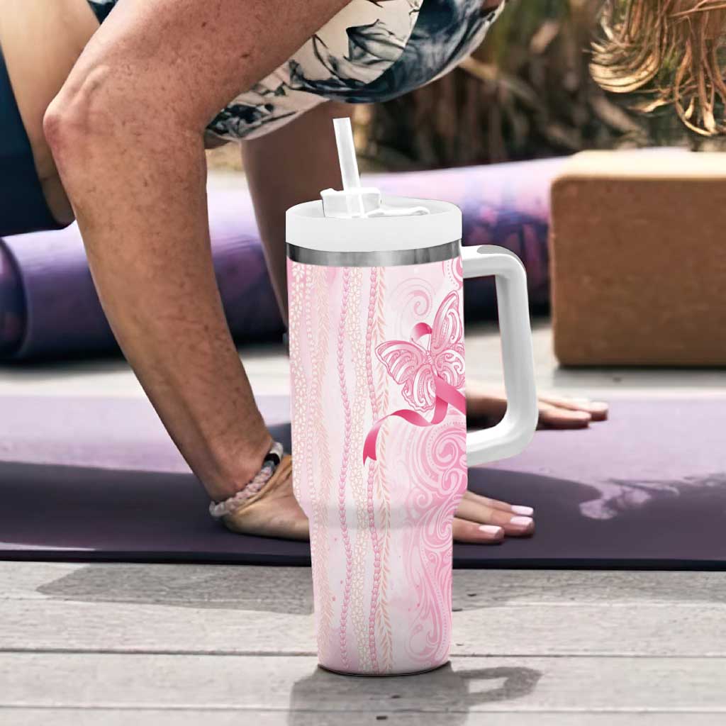 Breast Cancer Awareness Tumbler With Handle Maile Pikake Lokelani Crown Flower Lei Inspired