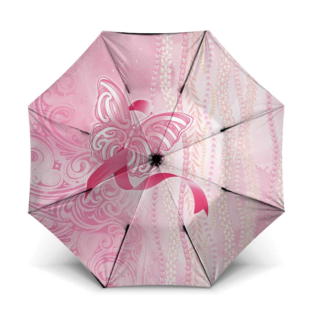 Breast Cancer Awareness Umbrella Maile Pikake Lokelani Crown Flower Lei Inspired LT9 One Size Folded 11.42 inch Opened Diameter 37.4 inch Pink - Polynesian Pride