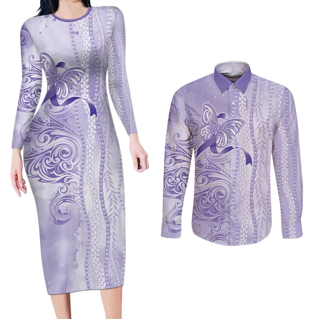Epilepsy Awareness Couples Matching Long Sleeve Bodycon Dress and Long Sleeve Button Shirt Maile Pikake Lokelani Crown Flower Lei Inspired LT9 Purple - Polynesian Pride