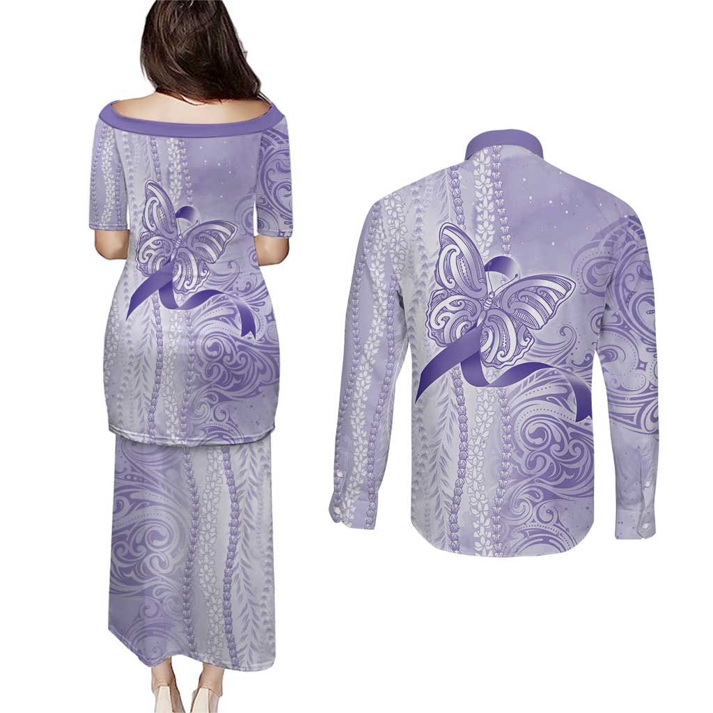 Epilepsy Awareness Couples Matching Puletasi and Long Sleeve Button Shirt Maile Pikake Lokelani Crown Flower Lei Inspired LT9 - Polynesian Pride
