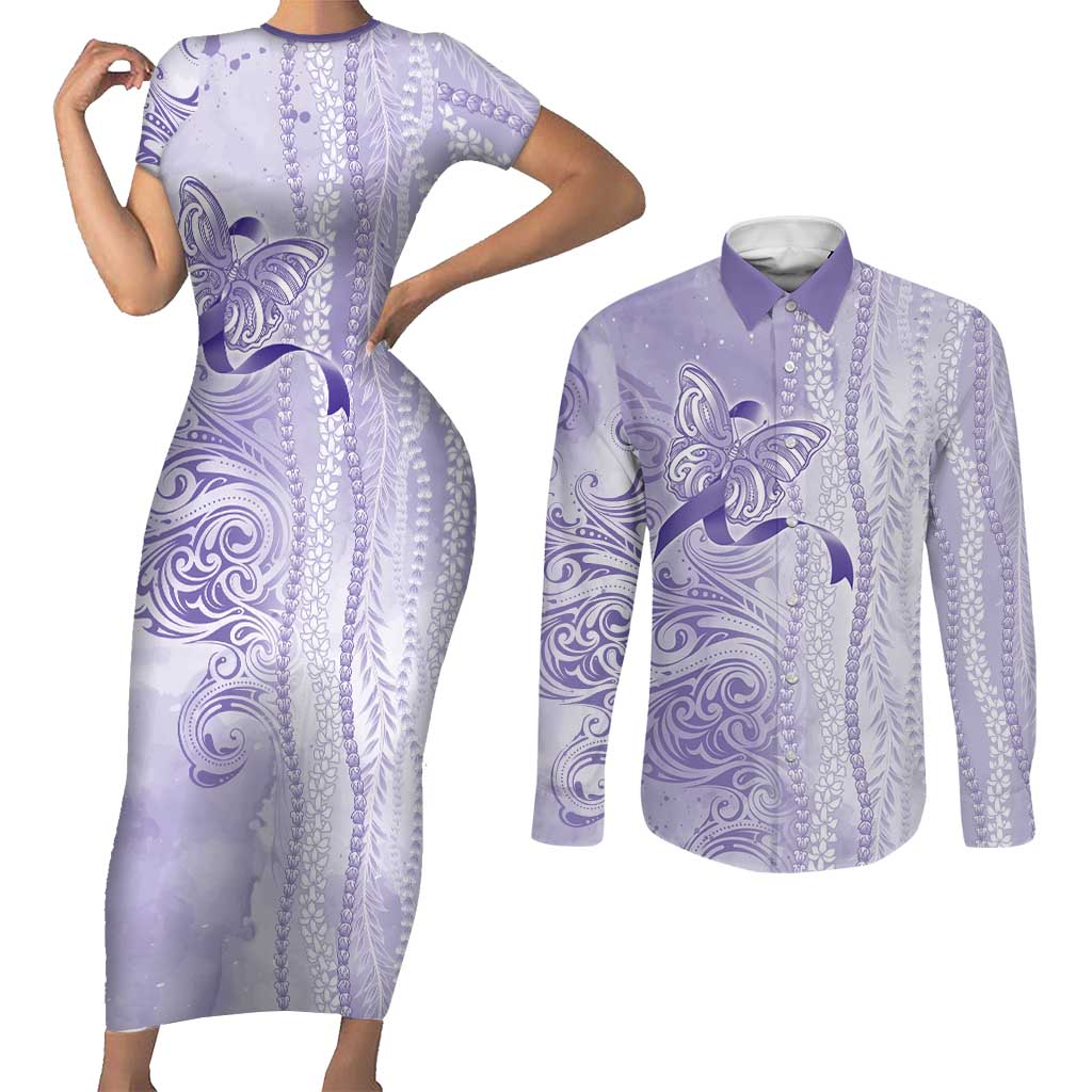 Epilepsy Awareness Couples Matching Short Sleeve Bodycon Dress and Long Sleeve Button Shirt Maile Pikake Lokelani Crown Flower Lei Inspired