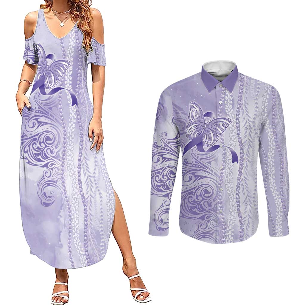 Epilepsy Awareness Couples Matching Summer Maxi Dress and Long Sleeve Button Shirt Maile Pikake Lokelani Crown Flower Lei Inspired LT9 Purple - Polynesian Pride