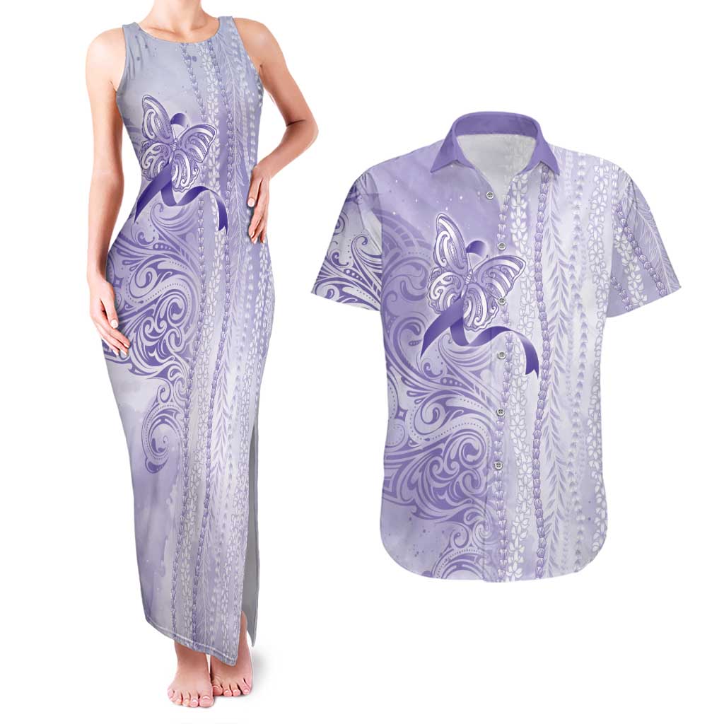 Epilepsy Awareness Couples Matching Tank Maxi Dress and Hawaiian Shirt Maile Pikake Lokelani Crown Flower Lei Inspired LT9 Purple - Polynesian Pride