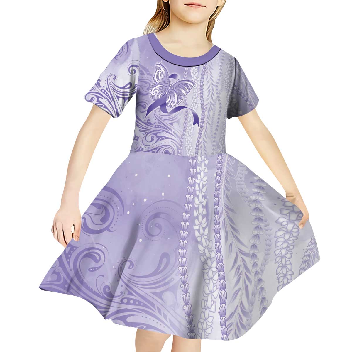 Epilepsy Awareness Kid Short Sleeve Dress Maile Pikake Lokelani Crown Flower Lei Inspired LT9 - Polynesian Pride