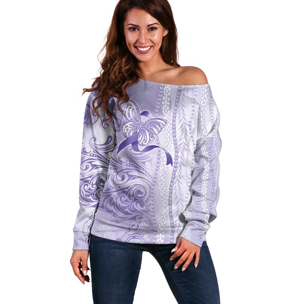Epilepsy Awareness Off Shoulder Sweater Maile Pikake Lokelani Crown Flower Lei Inspired LT9 Women Purple - Polynesian Pride