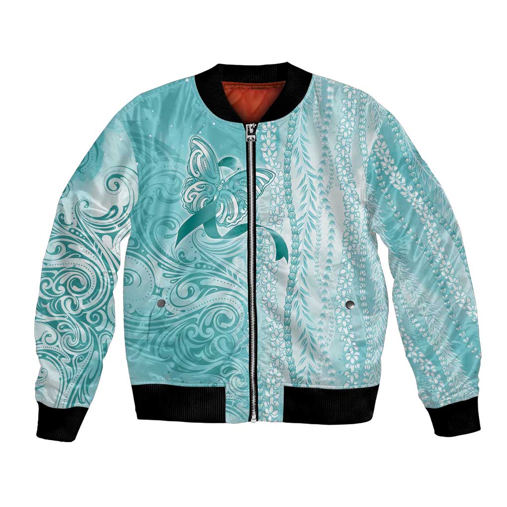 PTSD Awareness Bomber Jacket Maile Pikake Lokelani Crown Flower Lei Inspired LT9 Unisex Teal - Polynesian Pride