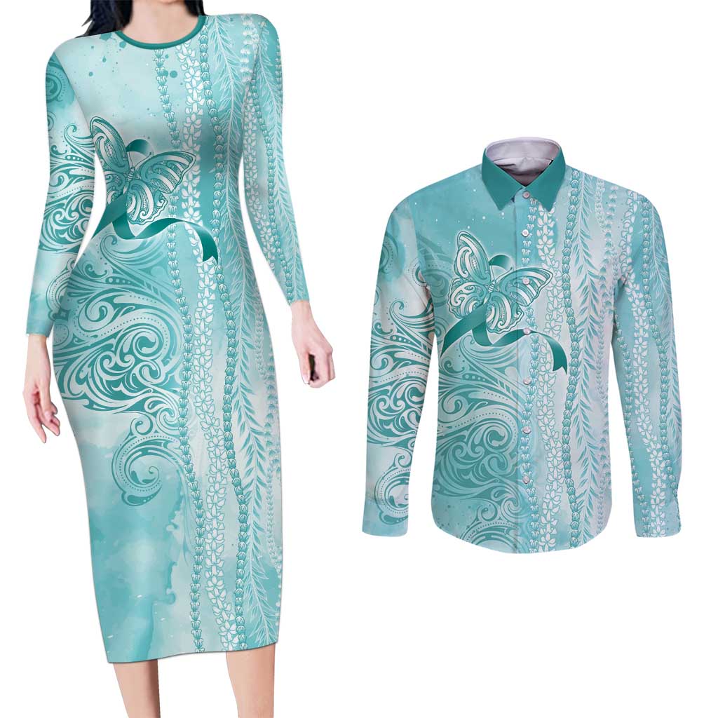 PTSD Awareness Couples Matching Long Sleeve Bodycon Dress and Long Sleeve Button Shirt Maile Pikake Lokelani Crown Flower Lei Inspired LT9 Teal - Polynesian Pride