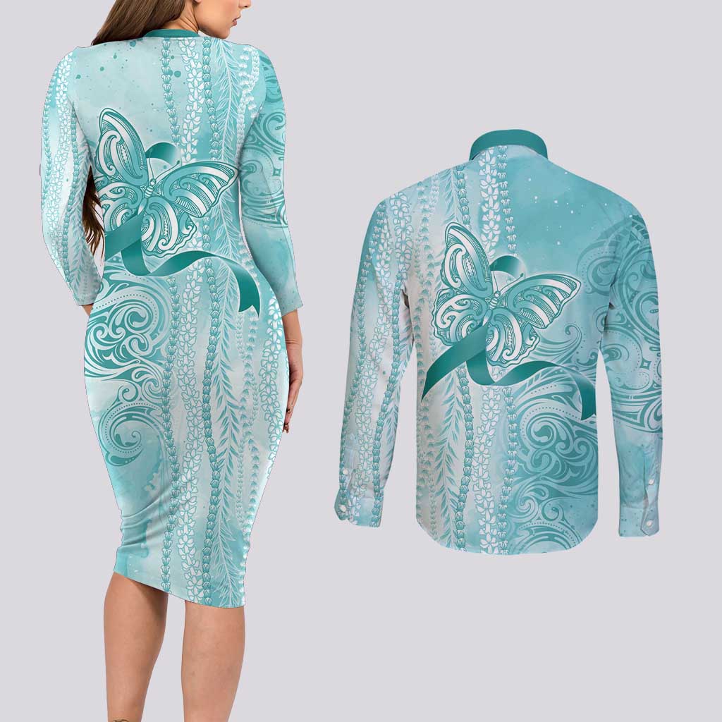 PTSD Awareness Couples Matching Long Sleeve Bodycon Dress and Long Sleeve Button Shirt Maile Pikake Lokelani Crown Flower Lei Inspired