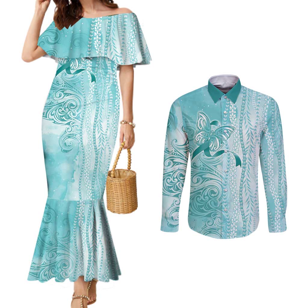 PTSD Awareness Couples Matching Mermaid Dress and Long Sleeve Button Shirt Maile Pikake Lokelani Crown Flower Lei Inspired