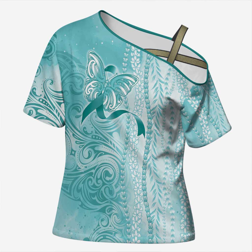 PTSD Awareness Cross Shoulder Shirt Maile Pikake Lokelani Crown Flower Lei Inspired LT9 Female Teal - Polynesian Pride
