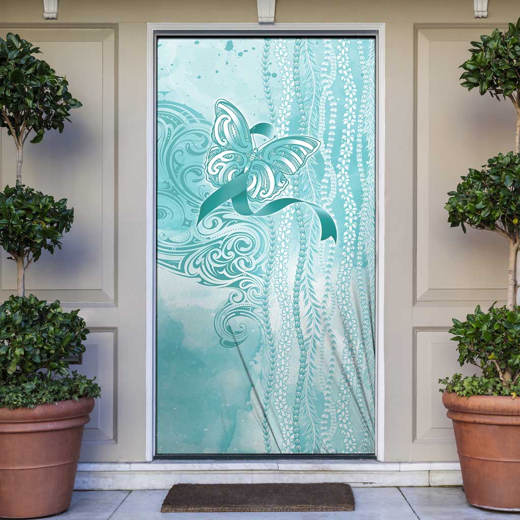 PTSD Awareness Door Cover Maile Pikake Lokelani Crown Flower Lei Inspired LT9 Teal - Polynesian Pride