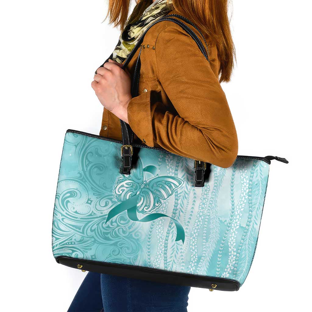 PTSD Awareness Leather Tote Bag Maile Pikake Lokelani Crown Flower Lei Inspired LT9 Teal - Polynesian Pride