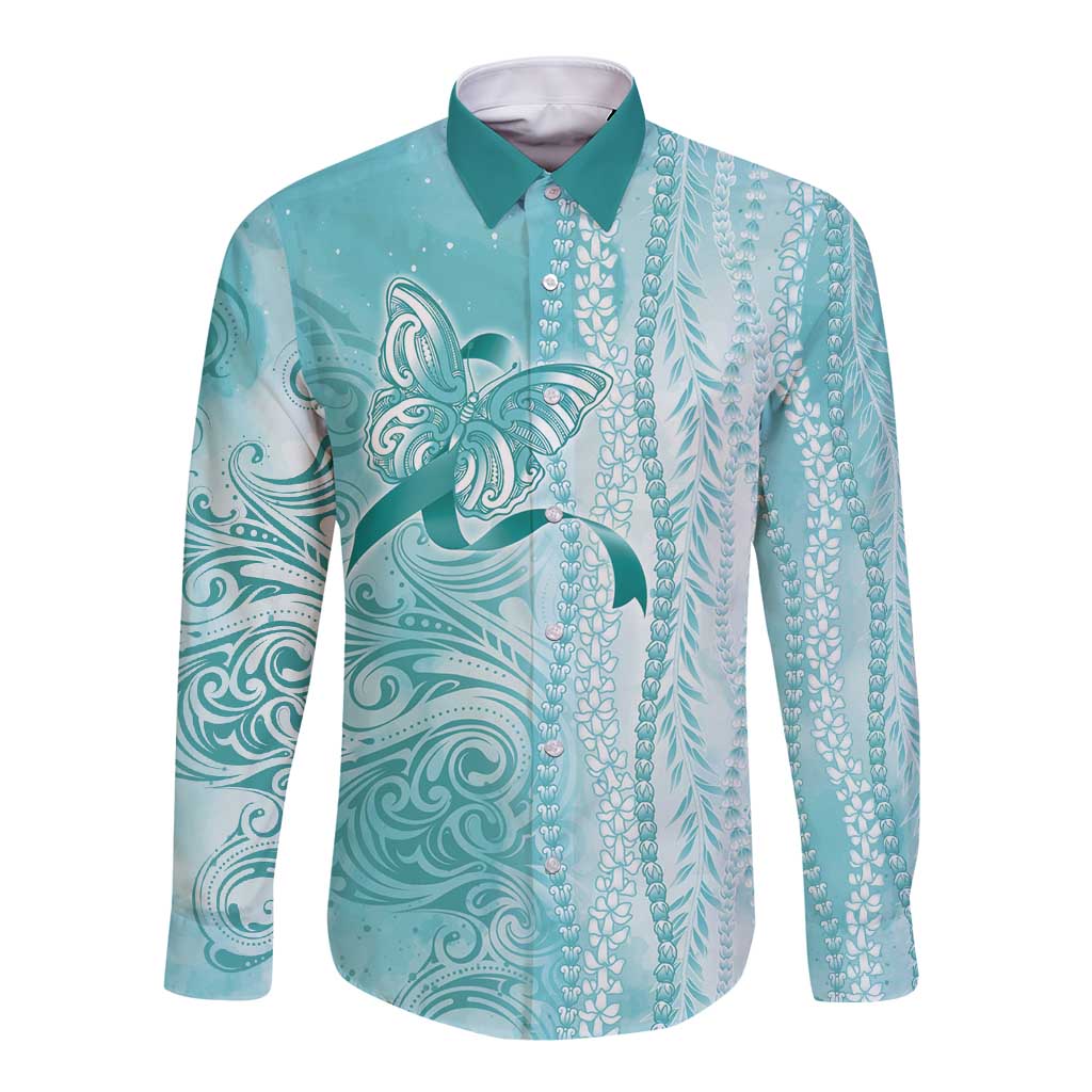 PTSD Awareness Long Sleeve Button Shirt Maile Pikake Lokelani Crown Flower Lei Inspired LT9 Unisex Teal - Polynesian Pride