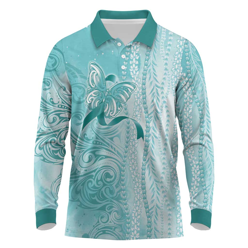 PTSD Awareness Long Sleeve Polo Shirt Maile Pikake Lokelani Crown Flower Lei Inspired LT9 Teal - Polynesian Pride