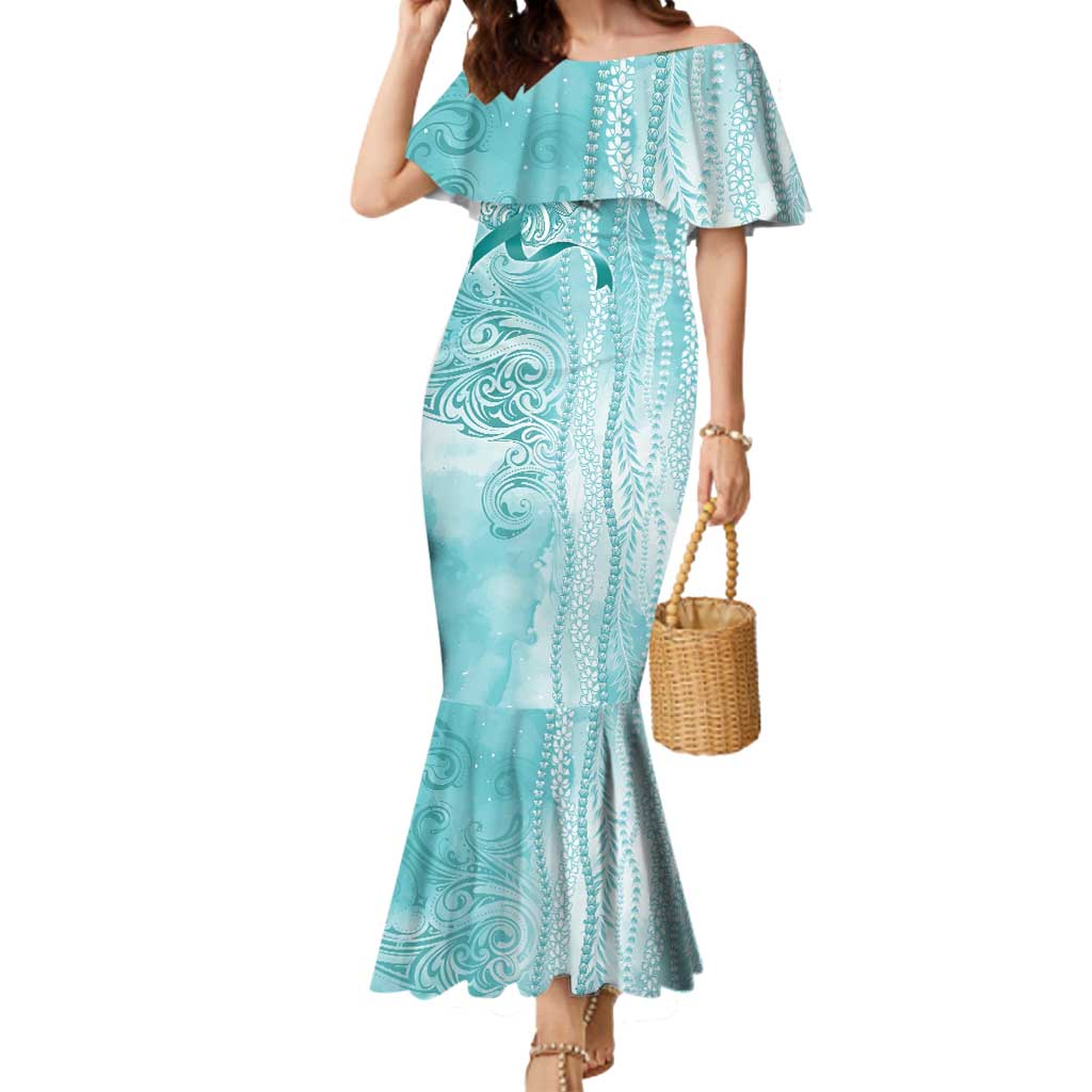 PTSD Awareness Mermaid Dress Maile Pikake Lokelani Crown Flower Lei Inspired LT9 Women Teal - Polynesian Pride