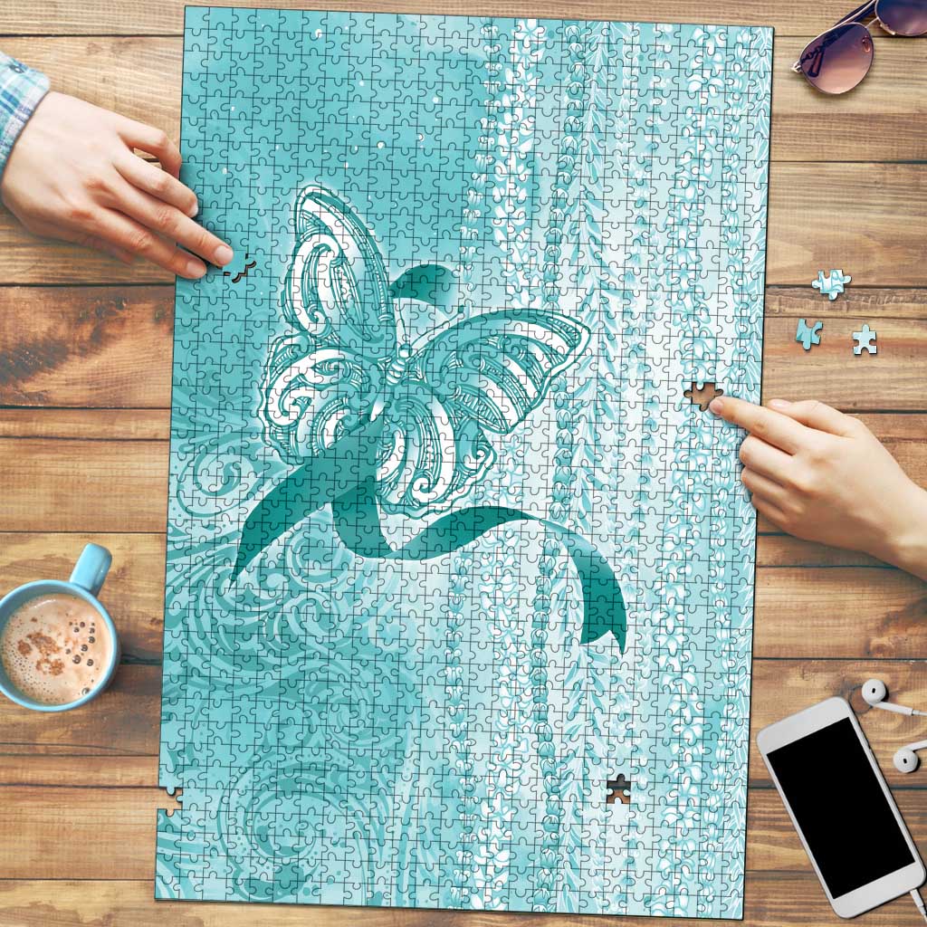 PTSD Awareness Puzzle Maile Pikake Lokelani Crown Flower Lei Inspired LT9 Teal - Polynesian Pride