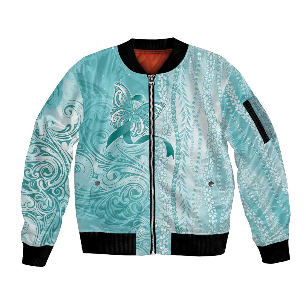 PTSD Awareness Sleeve Zip Bomber Jacket Maile Pikake Lokelani Crown Flower Lei Inspired LT9 Unisex Teal - Polynesian Pride