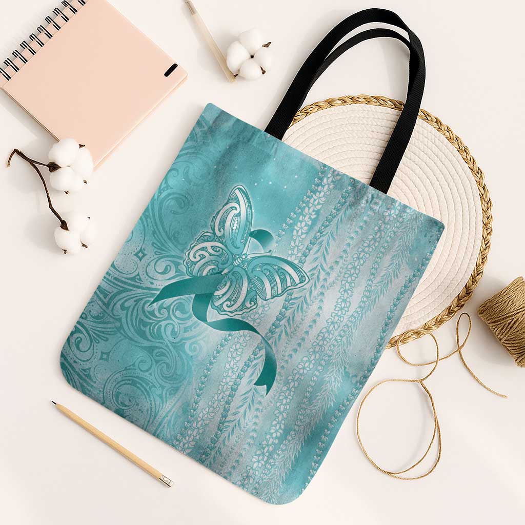PTSD Awareness Tote Bag Maile Pikake Lokelani Crown Flower Lei Inspired LT9 Black Strap One Size Teal - Polynesian Pride