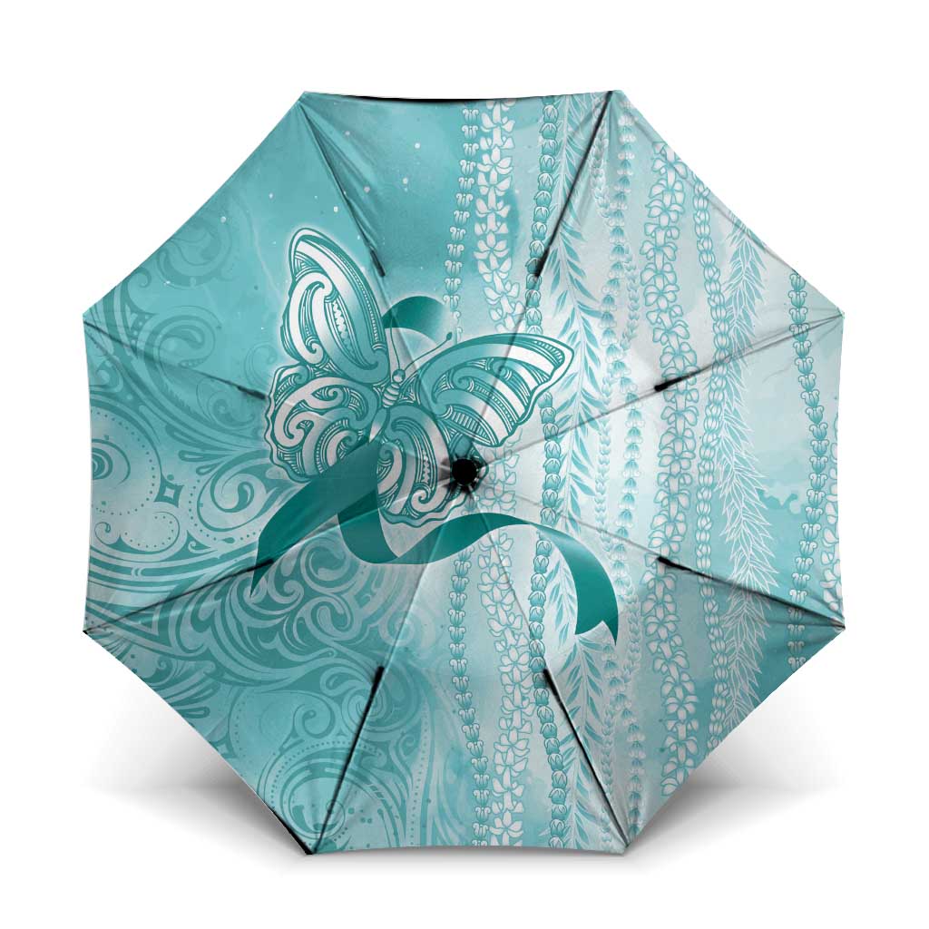 PTSD Awareness Umbrella Maile Pikake Lokelani Crown Flower Lei Inspired LT9 One Size Folded 11.42 inch Opened Diameter 37.4 inch Teal - Polynesian Pride