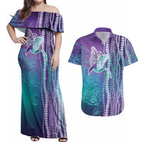 Suicide Prevention Awareness Couples Matching Off Shoulder Maxi Dress and Hawaiian Shirt Maile Pikake Lokelani Crown Flower Lei Inspired