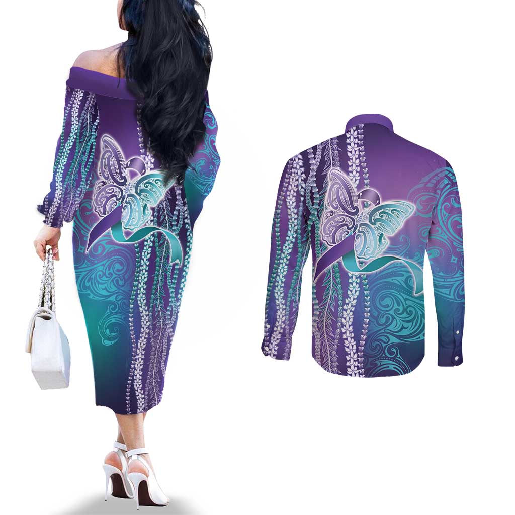 Suicide Prevention Awareness Couples Matching Off The Shoulder Long Sleeve Dress and Long Sleeve Button Shirt Maile Pikake Lokelani Crown Flower Lei Inspired