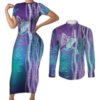 Suicide Prevention Awareness Couples Matching Short Sleeve Bodycon Dress and Long Sleeve Button Shirt Maile Pikake Lokelani Crown Flower Lei Inspired