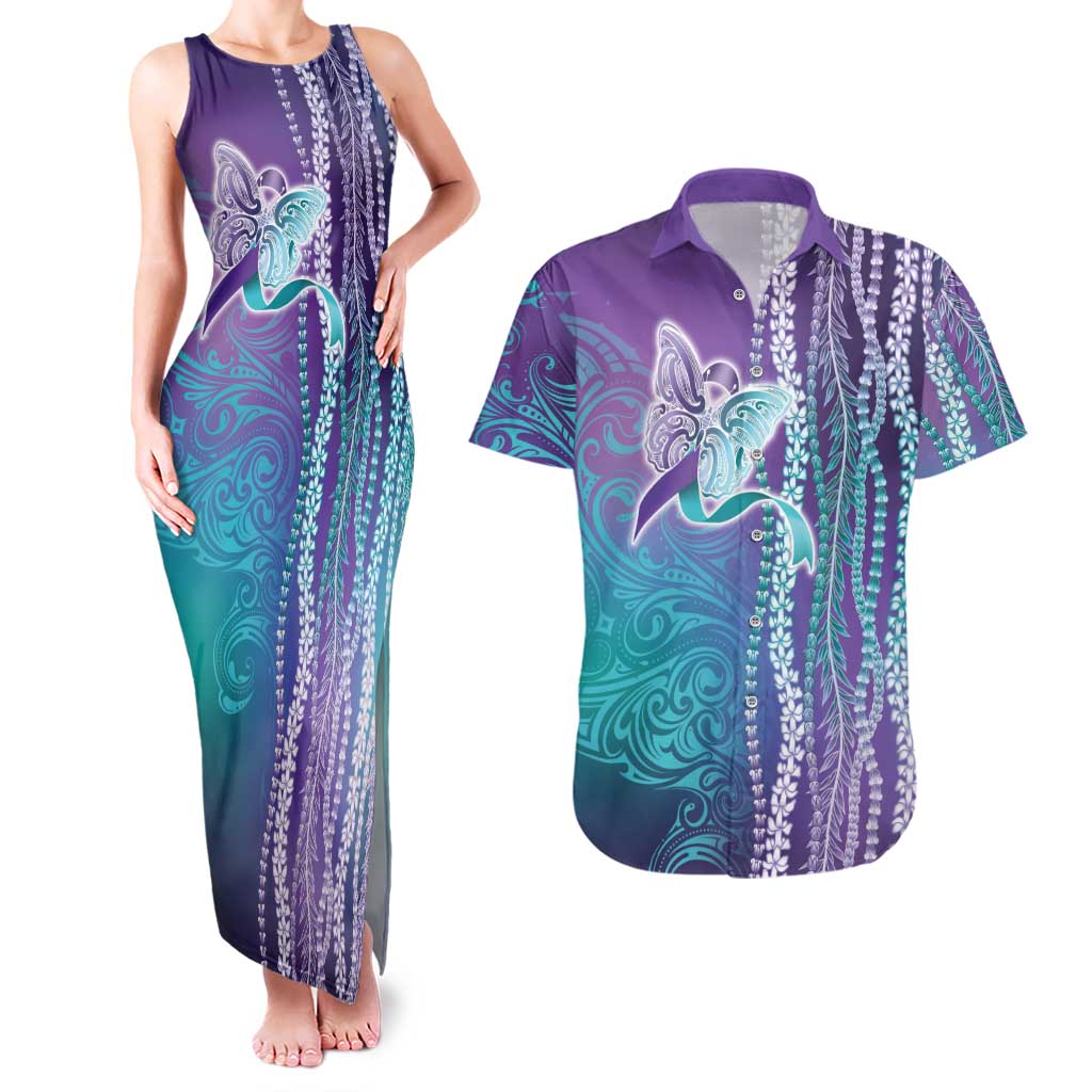Suicide Prevention Awareness Couples Matching Tank Maxi Dress and Hawaiian Shirt Maile Pikake Lokelani Crown Flower Lei Inspired