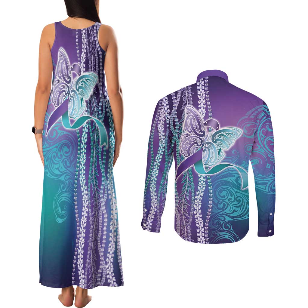 Suicide Prevention Awareness Couples Matching Tank Maxi Dress and Long Sleeve Button Shirt Maile Pikake Lokelani Crown Flower Lei Inspired