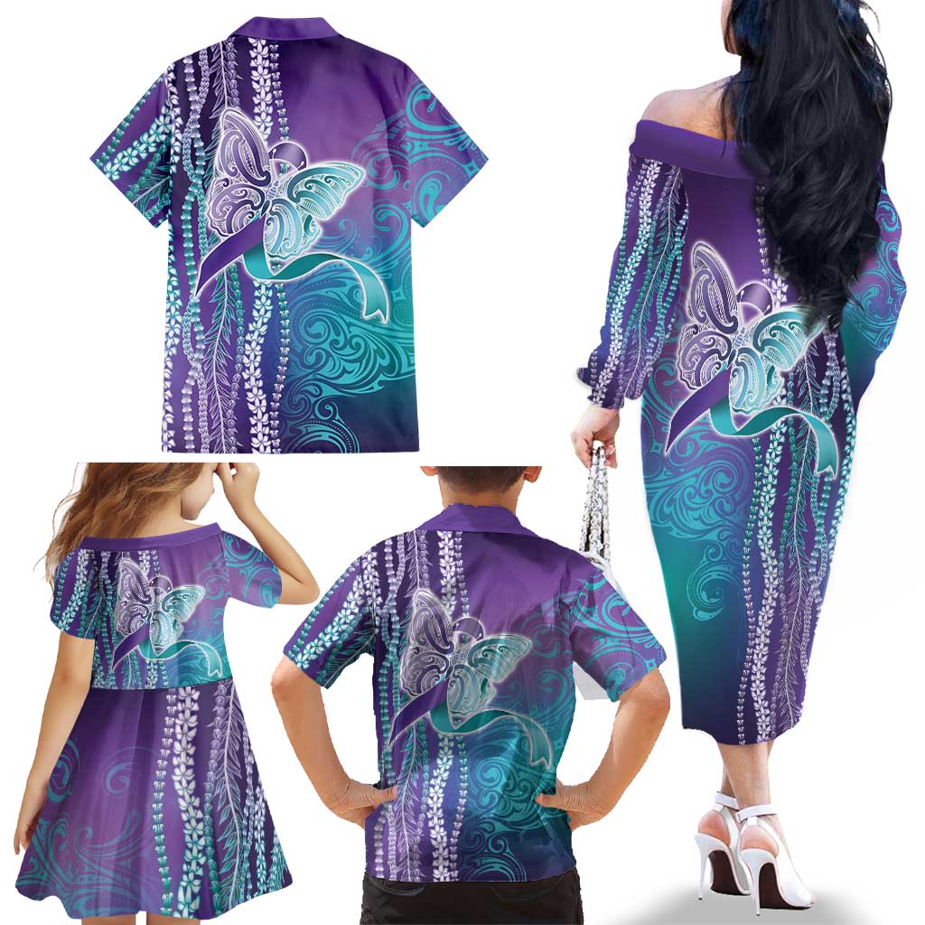 Suicide Prevention Awareness Family Matching Off The Shoulder Long Sleeve Dress and Hawaiian Shirt Maile Pikake Lokelani Crown Flower Lei Inspired