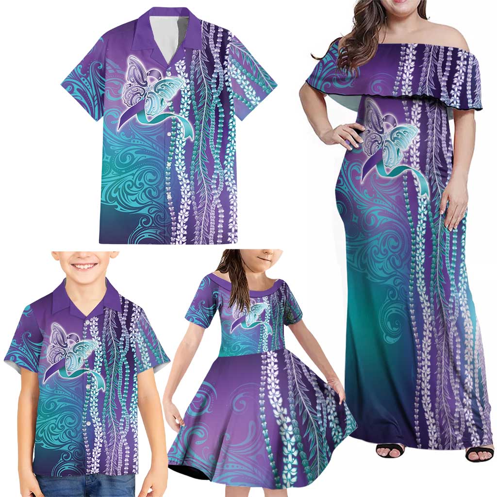 Suicide Prevention Awareness Family Matching Off Shoulder Maxi Dress and Hawaiian Shirt Maile Pikake Lokelani Crown Flower Lei Inspired LT9 - Polynesian Pride