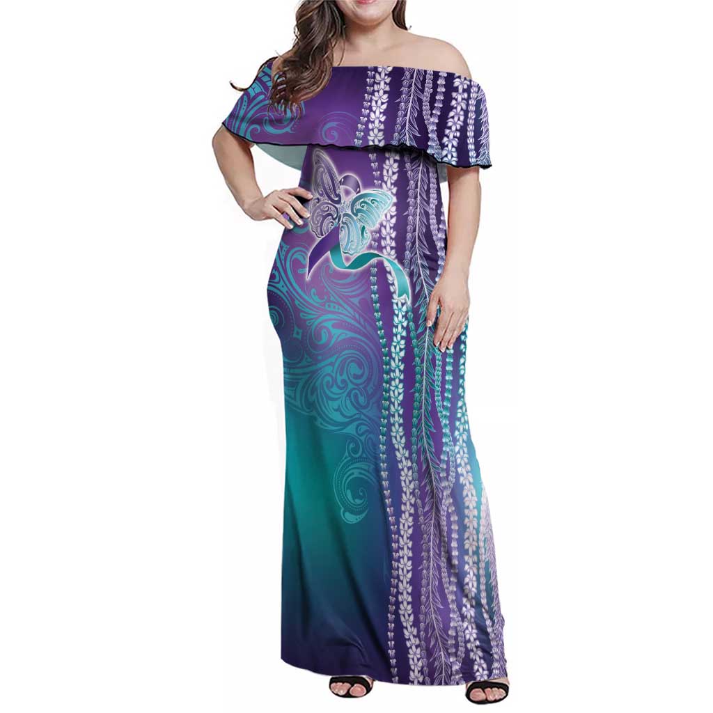 Suicide Prevention Awareness Family Matching Off Shoulder Maxi Dress and Hawaiian Shirt Maile Pikake Lokelani Crown Flower Lei Inspired
