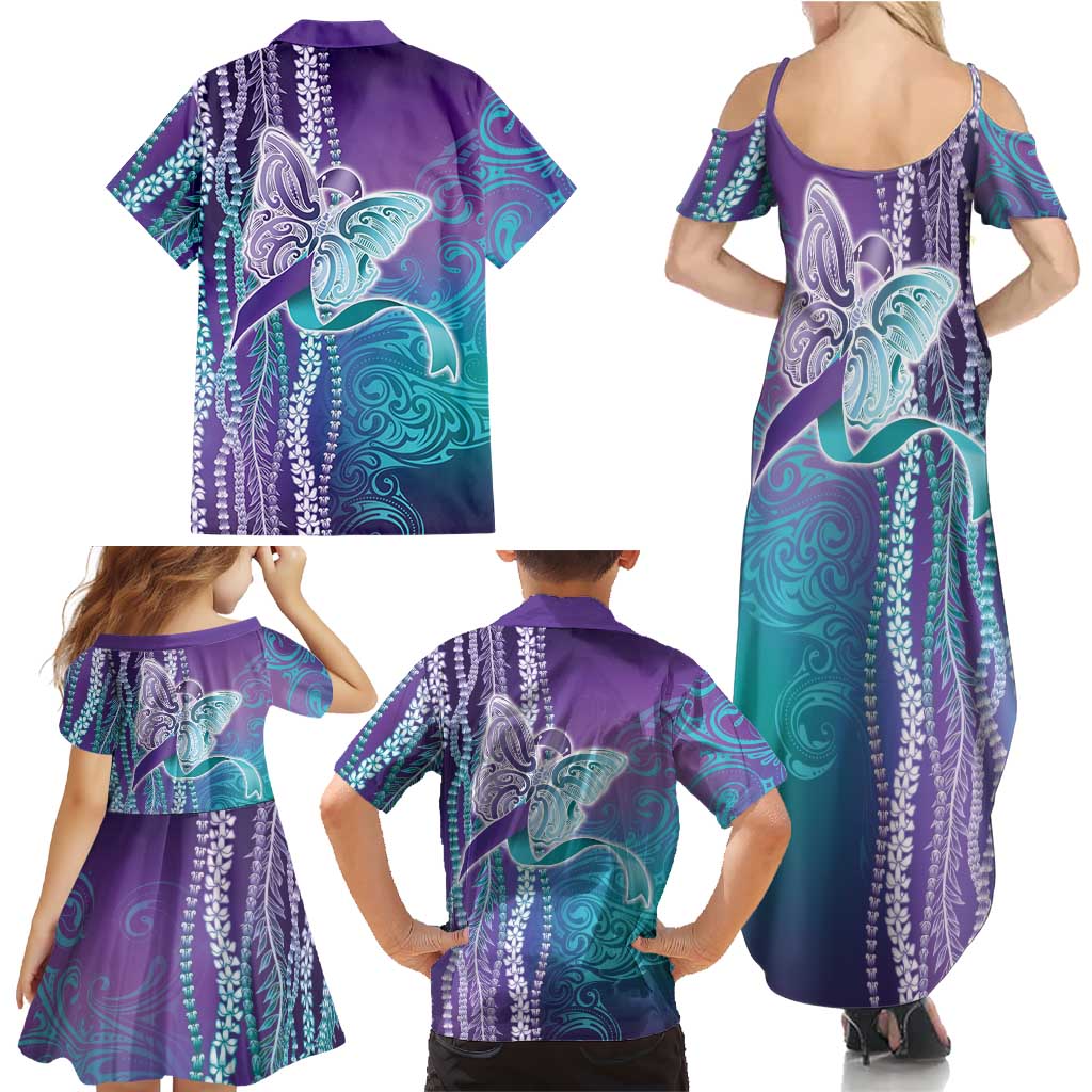 Suicide Prevention Awareness Family Matching Summer Maxi Dress and Hawaiian Shirt Maile Pikake Lokelani Crown Flower Lei Inspired