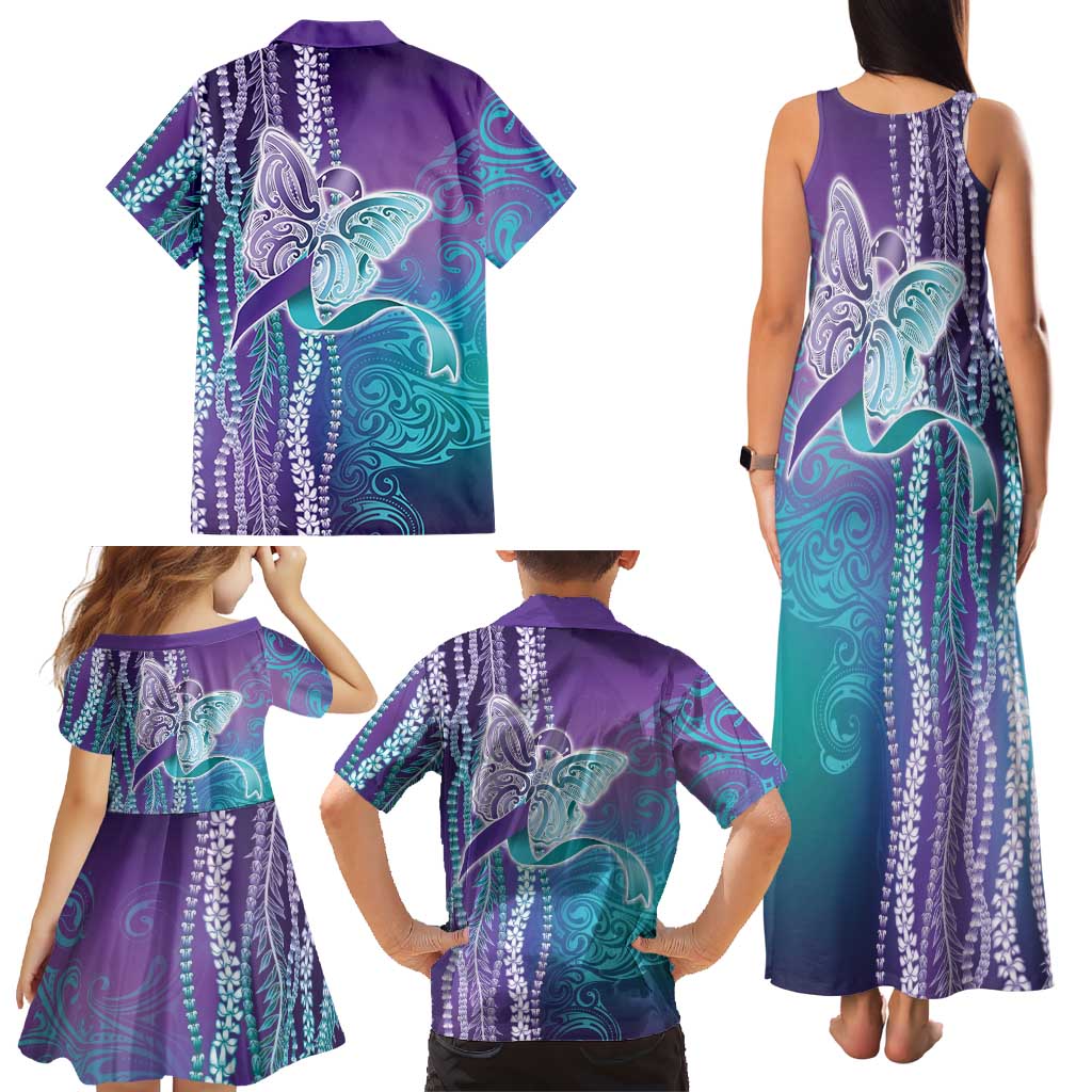 Suicide Prevention Awareness Family Matching Tank Maxi Dress and Hawaiian Shirt Maile Pikake Lokelani Crown Flower Lei Inspired