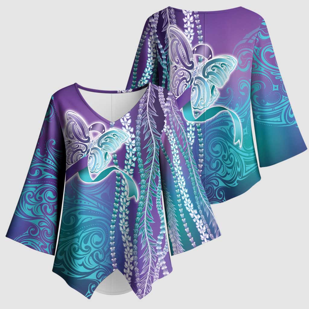 Suicide Prevention Awareness Kimono Sleeve Blouse Maile Pikake Lokelani Crown Flower Lei Inspired LT9 - Polynesian Pride
