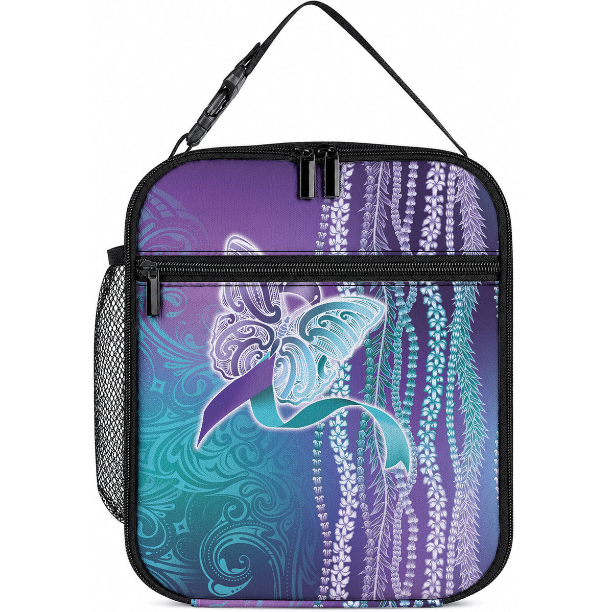 Suicide Prevention Support Lunch Bag Maile Pikake Lokelani Crown Flower Lei Inspired LT9 10.2 × 8.3 × 4.3 inch Blue - Polynesian Pride