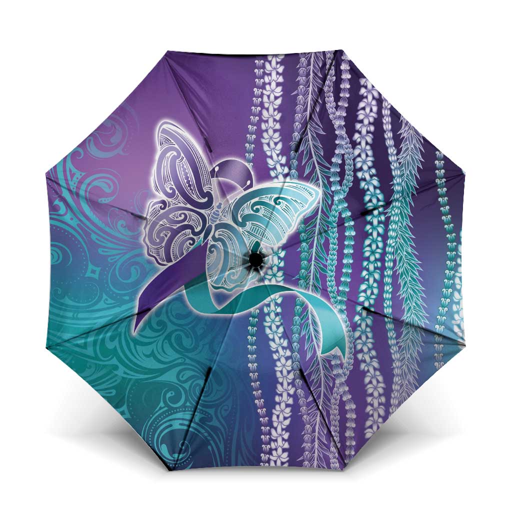 Suicide Prevention Awareness Umbrella Maile Pikake Lokelani Crown Flower Lei Inspired LT9 One Size Folded 11.42 inch Opened Diameter 37.4 inch Multicolor - Polynesian Pride
