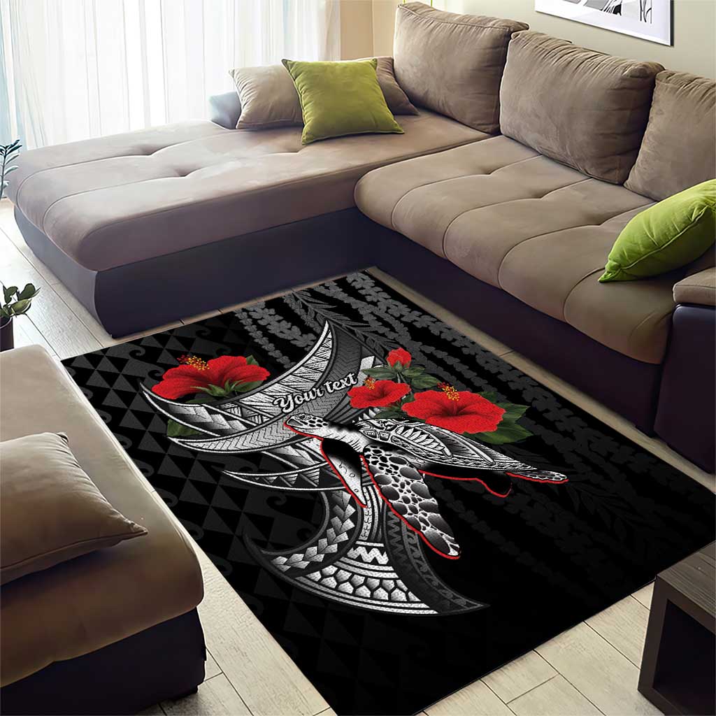 Hawaiian Honu Personalized Area Rug Black Tribal Hook Pattern