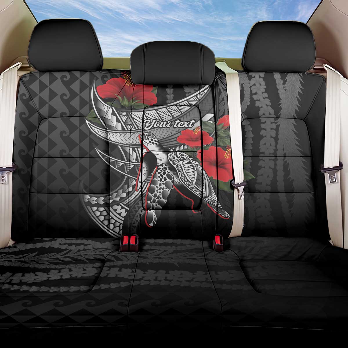 Hawaiian Honu Personalized Back Car Seat Cover Black Tribal Hook Pattern