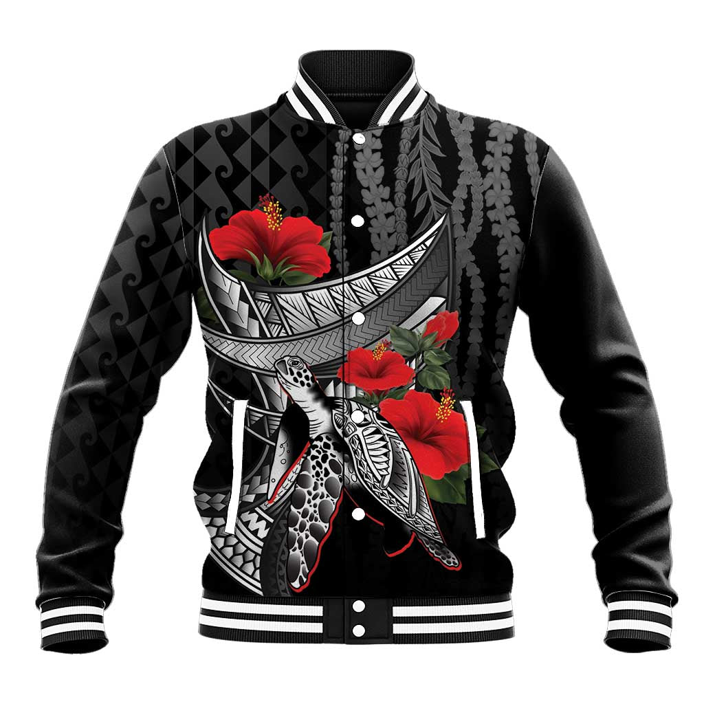 Hawaiian Honu Personalized Baseball Jacket Black Tribal Hook Pattern LT9 Unisex Black - Polynesian Pride
