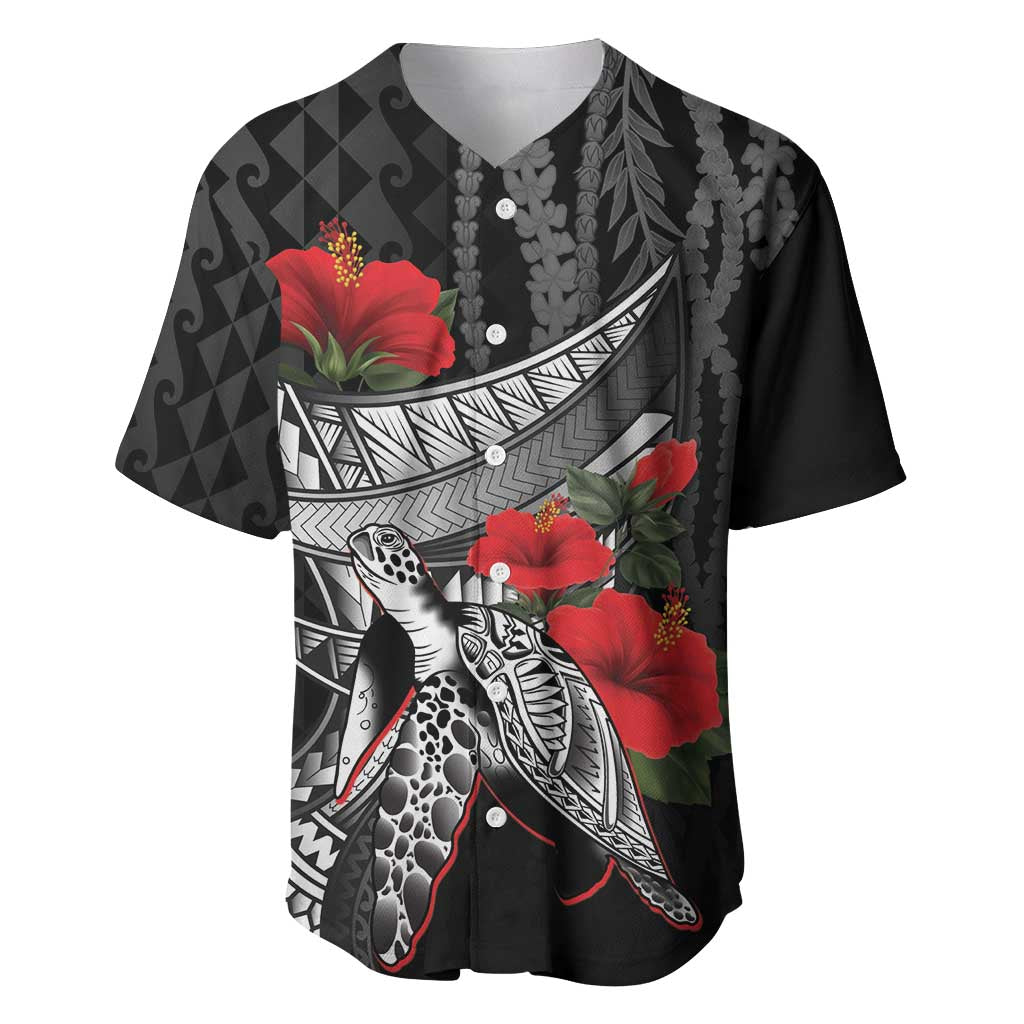 Hawaiian Honu Personalized Baseball Jersey Black Tribal Hook Pattern LT9 Black - Polynesian Pride