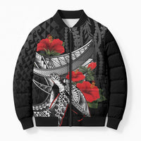Hawaiian Honu Personalized Bomber Puffer Jacket Black Tribal Hook Pattern LT9 Unisex Black - Polynesian Pride
