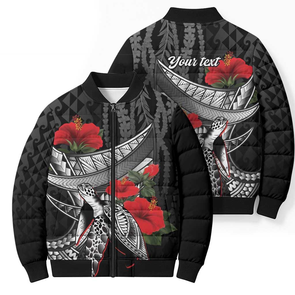 Hawaiian Honu Personalized Bomber Puffer Jacket Black Tribal Hook Pattern LT9 - Polynesian Pride