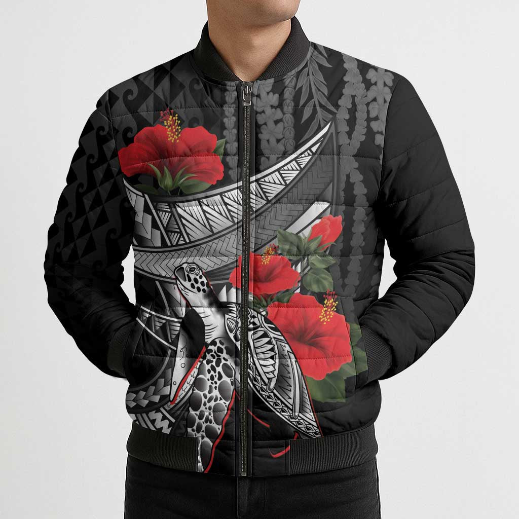 Hawaiian Honu Personalized Bomber Puffer Jacket Black Tribal Hook Pattern LT9 - Polynesian Pride