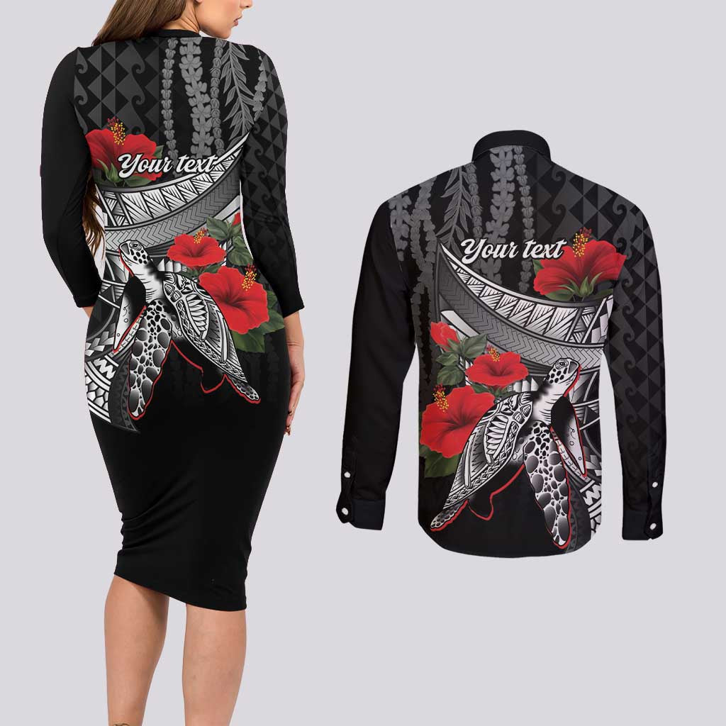 Hawaiian Honu Personalized Couples Matching Long Sleeve Bodycon Dress and Long Sleeve Button Shirt Black Tribal Hook Pattern LT9 - Polynesian Pride