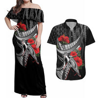 Hawaiian Honu Personalized Couples Matching Off Shoulder Maxi Dress and Hawaiian Shirt Black Tribal Hook Pattern LT9 Black - Polynesian Pride
