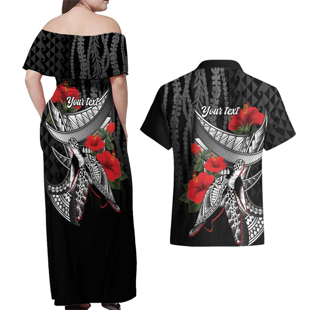 Hawaiian Honu Personalized Couples Matching Off Shoulder Maxi Dress and Hawaiian Shirt Black Tribal Hook Pattern LT9 - Polynesian Pride